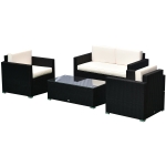 Outsunny 4-Piece Patio Furniture Set Cushioned Outdoor Rattan Wicker Sofa with 2 Chairs, Sofa and Glass Coffee Table - Cream White