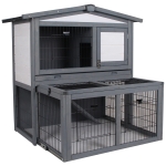 PawHut Deluxe Wooden 2 Story Rabbit Hutch with Slide-Out Outdoor Run, Lockable Doors, and Ramp - Grey & White