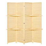 HOMCOM 4 Panel Bamboo Room Divider, 6ft Folding Wall Divider with 2 Display Shelves for Bedroom and Office, Natural Wood
