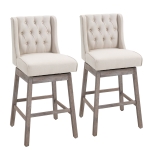 HomCom 2 Piece Bar Height Chair Swivel Barstool with Integrated Footrest, Solid Wood Design, and a 180 Degree Rotation - Beige
