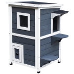 PawHut Outdoor Solid Wood 2-Floor Cat Condo Pet House Kitten Shelter with Window - Gray