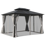 Outsunny 12'x 10' 2-Tier Roof Steel Hardtop Aluminum Permanent Gazebo with Mesh Net and Privacy Sidewalls