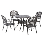 Outsunny 5-Piece Patio Dining Set for 4, Cast Aluminum Outdoor Furniture Set with 4 Stackable Armchairs & Φ35.5" Round Table, featuring Intricate Scrollwork & Φ2" Umbrella Hole