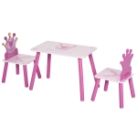 Qaba 3-Piece Set Kids Wooden Table Chair with Crown Pattern Easy to Clean Gift for Girls Toddlers Age 3 to 8 Years Old - Pink