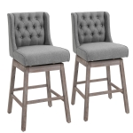 HOMCOM 2 Piece Bar Height Chair Swivel Barstool with Integrated Footrest, Solid Wood Design,180 Degree Rotation - Grey