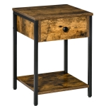 HOMCOM Industrial Side Table with Storage Shelf, Accent Table with Drawer for Living Room, or Bedroom, Rustic Brown