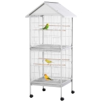 PawHut Wrought Metal Bird Cage Feeder with Rolling Stand Perches Food Containers Doors Wheels 67" H, White
