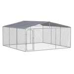 PawHut Outdoor Dog Kennel Galvanized Steel Fence with Cover Secure Lock Mesh Sidewalls for Backyard 181" x 181" x 91.25"