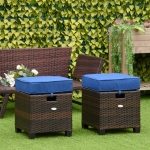 Outsunny 2 PCS Patio Wicker Ottoman Set, Two Square Outdoor PE Rattan Footrest with Removable Cushion, Freely Combined Furniture w/ Handle for Backyard, Garden, Poolside, Living Room, Blue