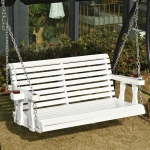 Outsunny 46" 2-Person Outdoor Porch Swing Bench with 2 Built-In Cup Holders, Slatted Design, & Chains Included, 550lb Weight Capacity, White