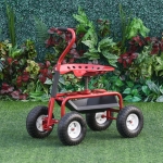 Outsunny Garden Cart, Rolling Scooter with Swivel and Adjustable Seat, Tool Tray, Bucket Basket, Red and Black