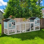 PawHut 102" 2 in 1 Wooden Rabbit Hutch Double Main House Pet Playpen Large Bunny House Enclosure for Indoor Outdoor with Run Box, Slide-out Tray, Ramp, for Rabbits and Small Animals, Blue