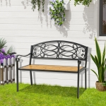 HOMCOM Garden Bench for Outdoor, 2-person Patio Bench with Steel and Wood Frame, Floral Rose Accent, Loveseat Furniture for Lawn, Deck, Yard, Porch and Entryway, Natural