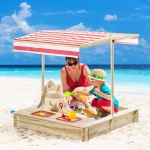 Outsunny Kids Wooden Sandbox, Play Station for Children Outdoor, with Adjustable Canopy Shade, Seats, for Backyard, Beach, 47" x 47" x 47", Natural(c-3)