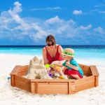 Outsunny Kids Wooden Octagon Sandbox, Outdoor Children Playset for Backyard, with polyester Cover, Seat Board, Boys and Girls, Red, 55" x 55" x 8.5"