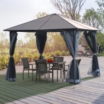 Outsunny 13' x 10' Garden Aluminum Framed Gazebo Hardtop Polycarbonate Roof Canopy Marquee Party Tent Patio Outdoor Shelter with Mesh Curtains & Side Walls - Grey