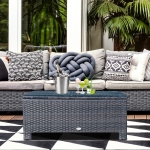 Outsunny Outdoor PE Rattan Wicker Table, Patio Garden Side Table w/ Glass Top for Patio, Balcony, Mixed Grey(c-1)