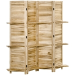 HOMCOM 4 Panel Folding Room Divider, 5.5ft Freestanding Paulownia Wood Wall Divider Panel with Storage Shelves for Bedroom or Office, Natural Wood