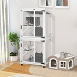 PawHut Catio Outdoor, Large Cat Enclosure, Wooden Kitten House, Elevated Design, with Wheels, Resting Box, Water-Resistant, Multi Platforms, for 1-3 Cats