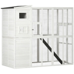 PawHut Wooden Cat Home Enclosure Pet House Shelter Cage Outdoor Play Area Run, White