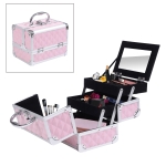 HOMCOM 3 Tier Diamond Texture Makeup Train Case Cosmetic Organizer with Mirror, Pink