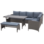 Outsunny 4 Pieces Patio Wicker Sofa Set, Outdoor PE Rattan Modern Furniture Set with Cushions & Dining Table, Bench for Garden, Backyard, Lawn, Grey