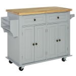 HOMCOM Rolling Kitchen Island Cart on Wheels with Rubber Wood Top, Spice Rack, Towel Rack & Drawers for Dining Room, Grey