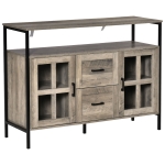 HOMCOM Rustic Kitchen Sideboard, Serving Buffet Cabinet with Adjustable Shelves, Glass Doors, and 2 Drawers for Living Room, Grey