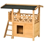 PawHut 2-Story Indoor / Outdoor Elevated Wooden Cat House Shelter with Balcony Roof