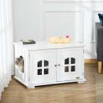 PawHut Cat Litter Box Enclosure Hidden Cat Furniture Cabinet Indoor Cat Washroom Double-door Nightstand End Table with Cat Hole Window,White