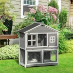 PawHut Wooden Rabbit Hutch Elevated Pet House Bunny Cage Small Animal Habitat with Slide-out Tray Lockable Door Openable Top for Indoor 57.75" x 18" x 34.75" Grey(c-3)
