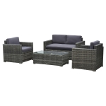 Outsunny 4-Piece Cushioned Patio Furniture Set, with 2 Chairs, Loveseat, and Glass Coffee Table, Rattan Wicker, Grey