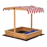 Outsunny Kids Wooden Sandbox, w/ Adjustable Canopy, Seats, Plastic Basins, for Backyard