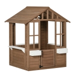 Outsunny Kids Outdoor Wooden Playhouse, w/ Door Windows Flower Pot Holder, Brown