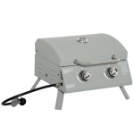 Outsunny 2 Burner Folding Tabletop Gas BBQ Grill w/ Lid, Thermometer, Carbon Steel, Grey