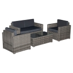 Outsunny 4-Piece Rattan Wicker Furniture Set, Outdoor Cushioned Conversation Furniture with 2 Chairs, Loveseat, and Glass Coffee Table, Grey
