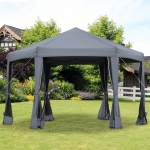 Outsunny 12.5' Pop Up Gazebo Hexagonal Canopy Tent Outdoor Shelter Pavilion Sun Protection with Mesh Sidewalls, Handy Bag, Dark Grey