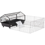 PawHut Rolling Metal Rabbit, Guinea Pig, or Small Animal Hutch Cage with Main House and Run 47" L