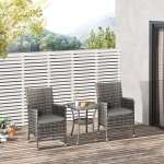 Outsunny 3PC Rattan Bistro Set 2 Armchair Glass Top Coffee Table Wicker Weave Furniture for Garden Outdoor Balcony Patio Grey