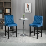 HOMCOM Upholstered Fabric Bar Stool Set of 2, Button Tufted 29.5" Seat Height Pub Chairs with Back & Wood Legs, Blue