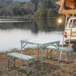 Outsunny Adjustable Folding Picnic Table Seating Set Portable Camping Garden Chair with 4 Seats W/ Umbrella Hole