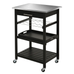 HOMCOM Pine 3-Tier Multifunction Kitchen Rolling Island Cart with Open Storage Shelves, Wine Rack & Stainless Steel Top