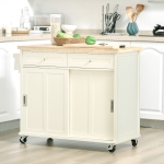 HOMCOM Rolling Kitchen Island Utility Trolley Storage Cart with Rubberwood Top, 2 Drawers, Towel Rack, Cream White