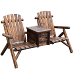 Outsunny Wooden Double Adirondack Chair Loveseat with Ice Bucket - Rustic Brown