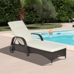 Outsunny Adjustable Wicker Sun Lounger Outdoor Recliner Chair Garden Chaise Lounge with Cushion Patio Furniture Poolside Reclining Padded Seat, Brown