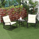 Outsunny 3 Pieces Rocking Chairs Table Set, Outdoor Furniture with 2 Rockers 1 Coffee Table, Padded Cushion Steel Frame for Deck Patio Bistro, Cream White
