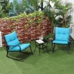 Outsunny 3 Pieces Rocking Chairs Table Set, Outdoor Furniture with 2 Rockers 1 Coffee Table, Padded Cushion Steel Frame for Deck Patio Bistro, Blue