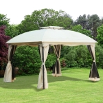 Outsunny 10x12ft Patio Gazebo Garden Pavilion Outdoor Canopy Tent Sun Shade 2 Tier Roof Hook w/ Curtain and Netting Steel Frame