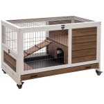 PawHut Rabbit Hutch on Wheels, Indoor Bunny Cage Small Animal House with Pull Out Tray Casters Ramp, 35.5" x 21" x 23", Brown