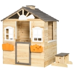 Outsunny Wooden Kids Playhouse, Outdoor Garden Pretend Play Games, Adventures Cottage, with Working Door, Windows, Bench, Service Station, Flowers Pot Holder, for 3-7 Year Olds